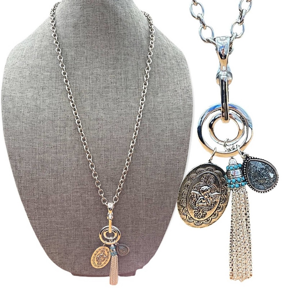 Vintage The Roman Company Silver-tone Necklace w/ Turquoise-colored accents